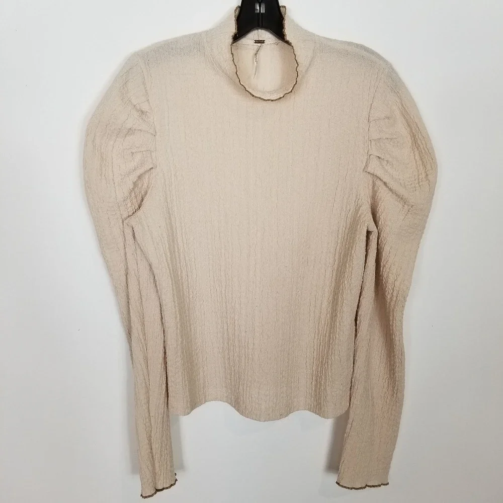 FREE PEOPLE Women Ela Mock Neck Puff Sleeve Long Sleeve Top‎ Sz M Ivory Boho
